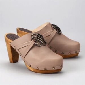 Sanita Maria Plateau Wood Clog Heel Beige Leather Wooden 37